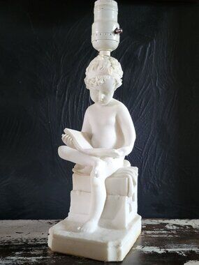 Vintage White Alabaster Sculpture Lamp Of Child Scribe After Canova 12.5 Inches